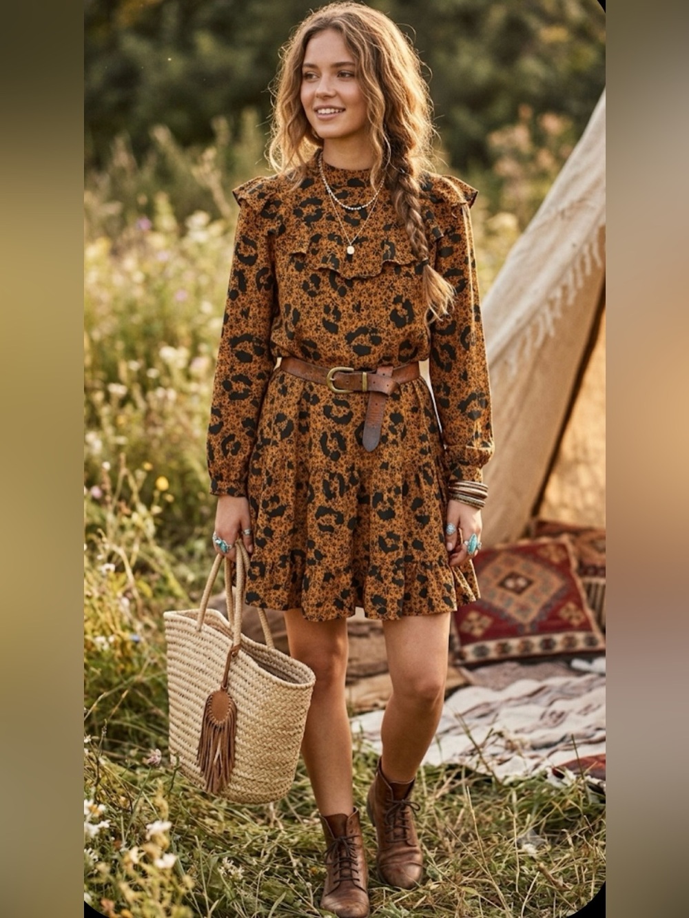 TOP SHOP Ruffle Yoke Long Sleeve Mini Dress Size 8